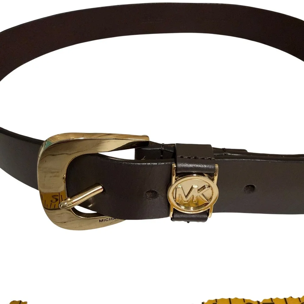 Michael Kors Belt Women Large Brown Genuine Leather Gold MK Logo Buckle Timeless